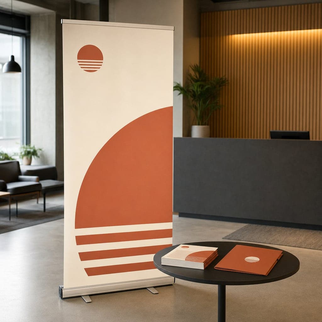 Roll-up banner a letáky v jednotném stylu v recepci firmy